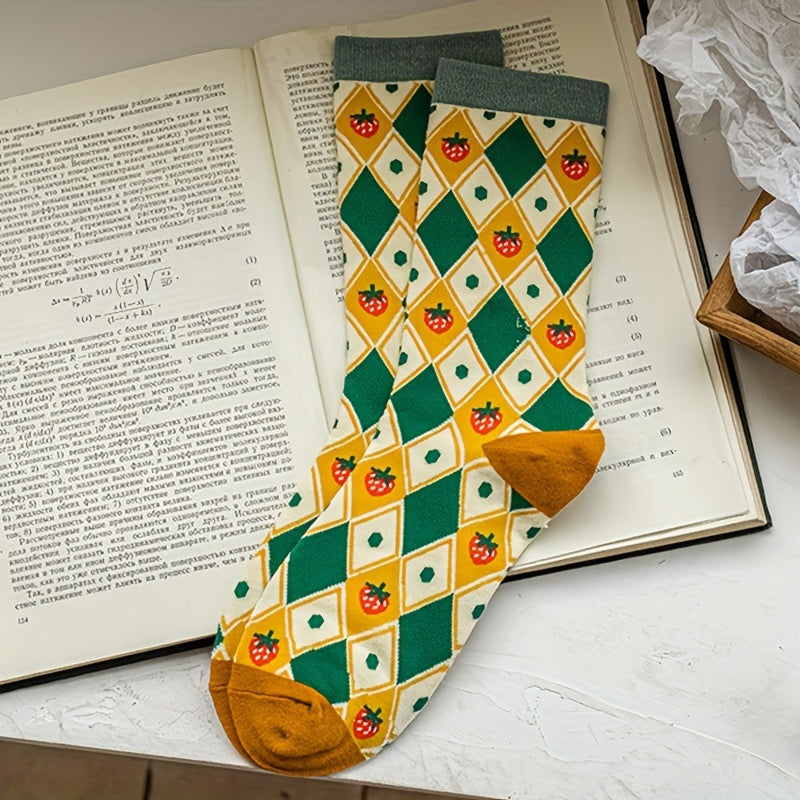 5 Pairs Breathable Plaid Crew Socks 5 pairs of fashion plaid various patterns crew socks, breathable and comfortable casual for both men and women men and women, suitable for men's outdoor wear, four seasons wear