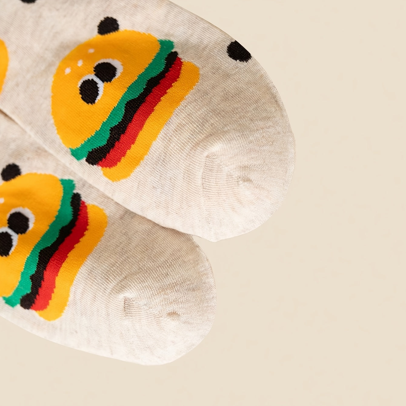 5-Pack Burger & Fries Cartoon Crew Socks - Playful Fast Food Print with Polka Dots & Green Dots - Unisex Comfort for Casual Attire, Travel, Sports - Fun College Style Essentials, Travel Accessories | Whimsical Sock Design, Funny Socks