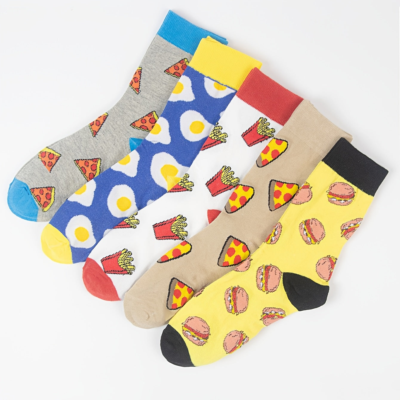 5-Pack Burger & Fries Cartoon Crew Socks - Playful Fast Food Print with Polka Dots & Green Dots - Unisex Comfort for Casual Attire, Travel, Sports - Fun College Style Essentials, Travel Accessories | Whimsical Sock Design, Funny Socks