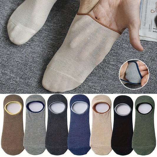 7 Pairs of Men's Thin Mesh Breathable Boat Socks - Sweat Absorbent, Non-Slip, Shallow Mouth Design for All-Day Comfort - Solid Color (Grey, Navy Blue, Beige, Black, Olive Green, Dark Brown)