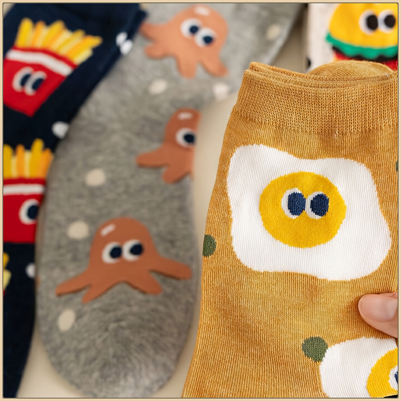 5-Pack Burger & Fries Cartoon Crew Socks - Playful Fast Food Print with Polka Dots & Green Dots - Unisex Comfort for Casual Attire, Travel, Sports - Fun College Style Essentials, Travel Accessories | Whimsical Sock Design, Funny Socks